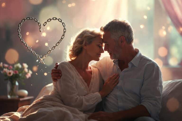 Rebuilding sexual intimacy after an affair - Hopeful couple embracing in warm bedroom light